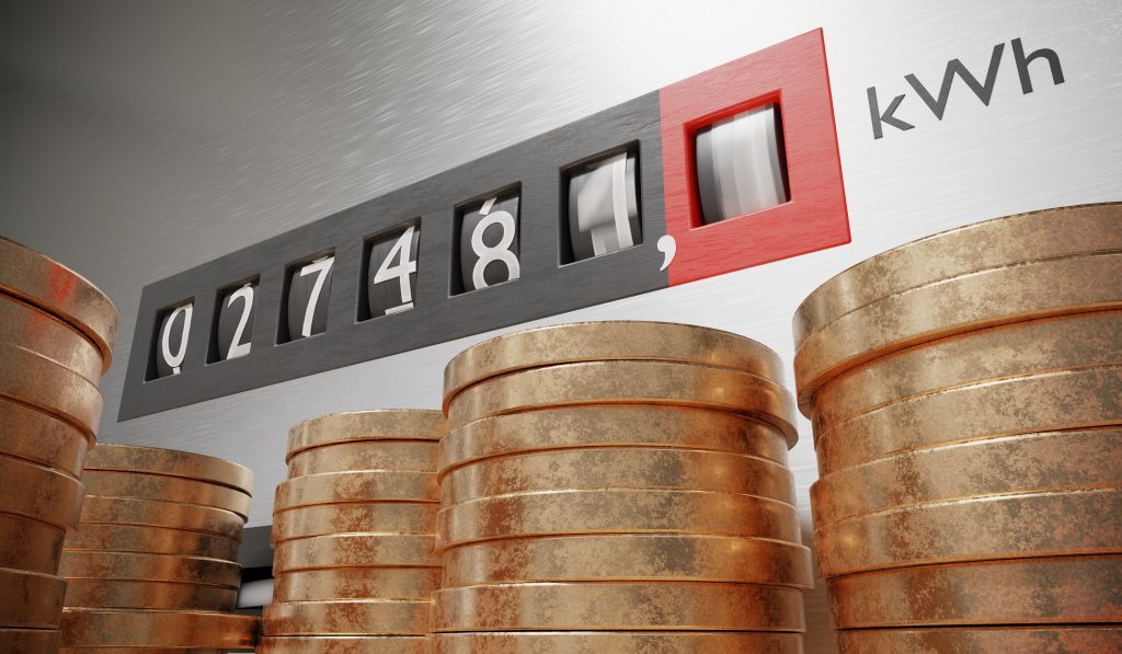 Electrometer is measuring power consumption. Coins in foreground. Expensive electricity concept. 3D rendered illustration.